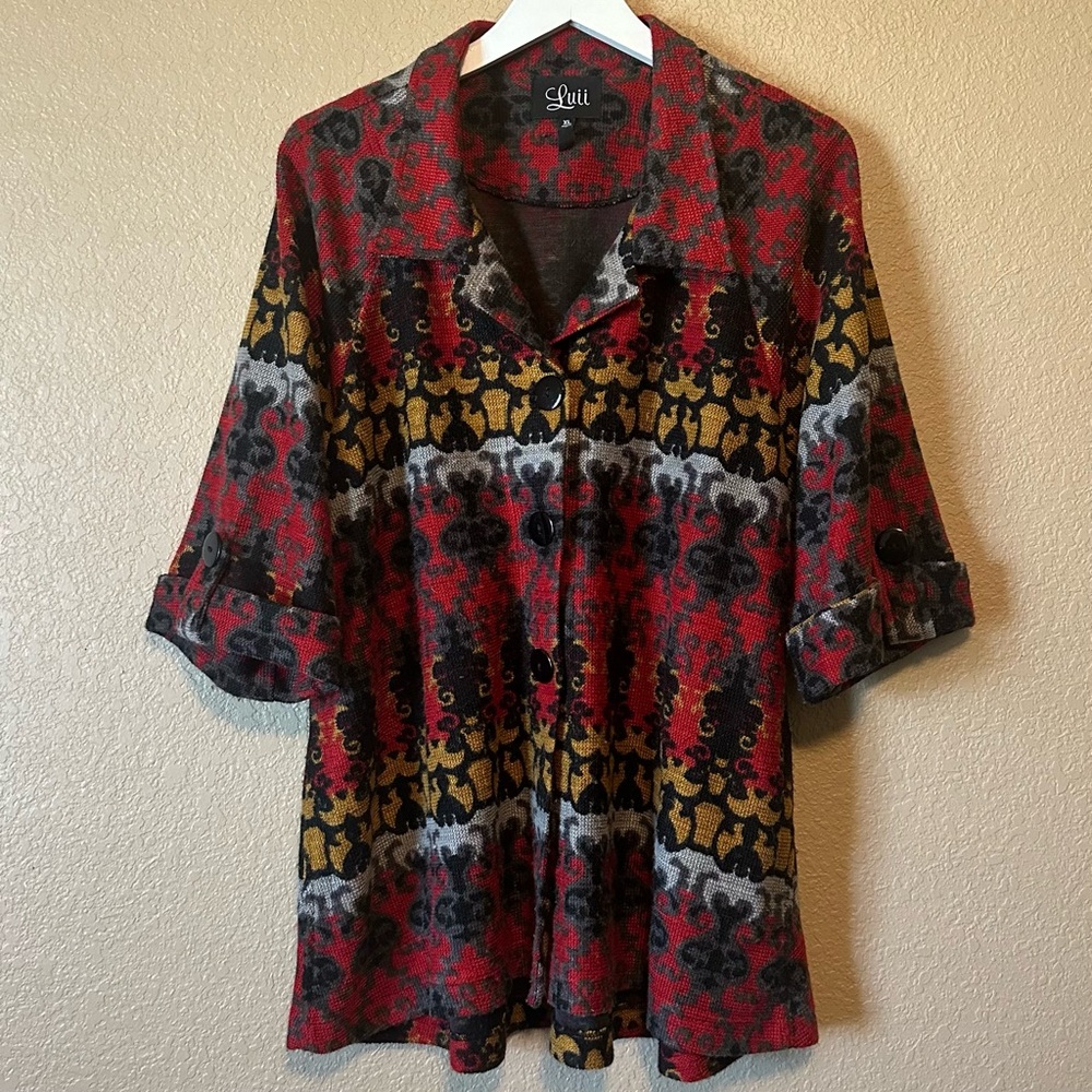 Anthropologie Luii Sweater Jacket Red Yellow Gray Black 3/4 Sleeve Size XL